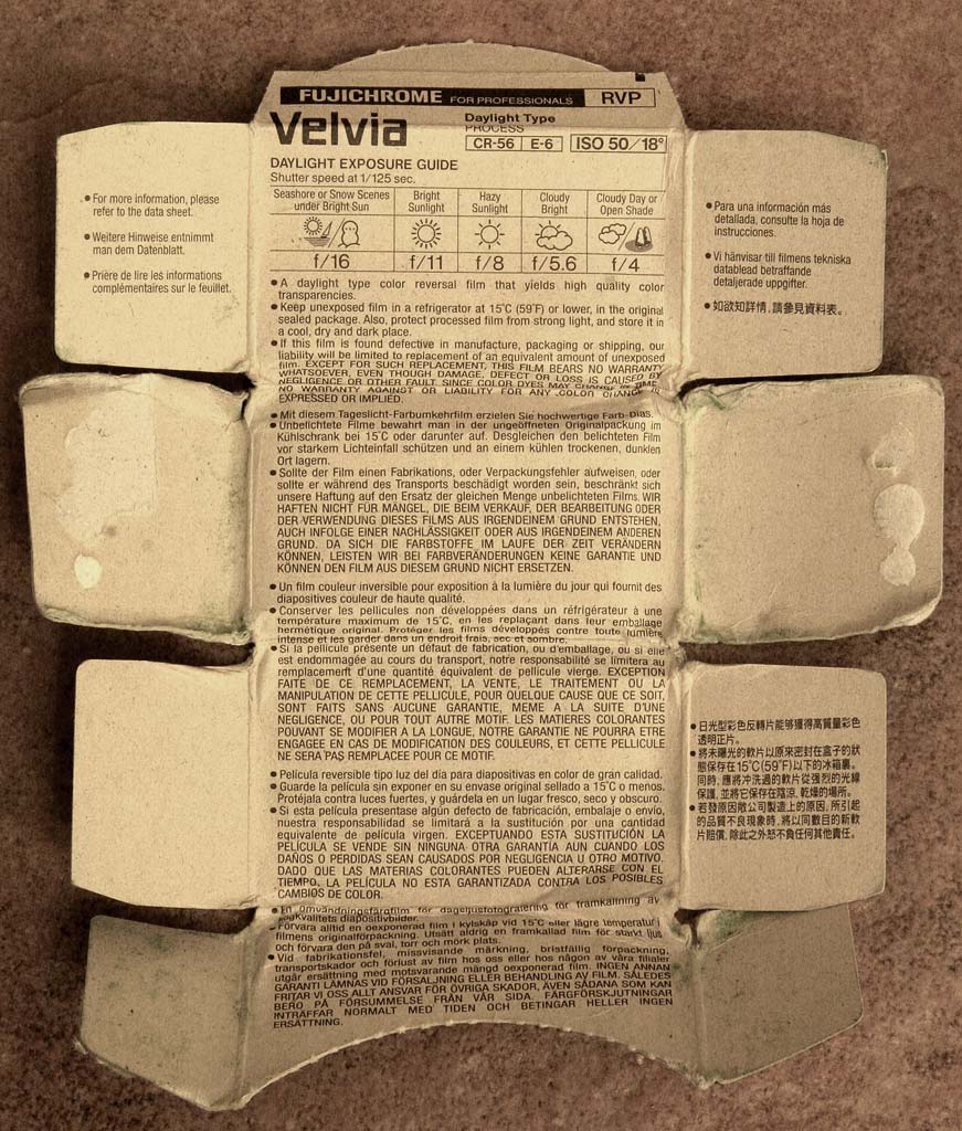 The inside of a packet for Velvia film