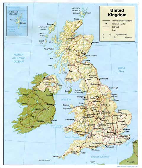 Shaded Relief Map of the British Isles  -  1987