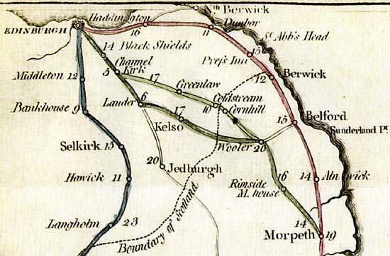 Detail from a Map of the Great Post Roads from Edinburgh to London  -  zoom-in to Scotland