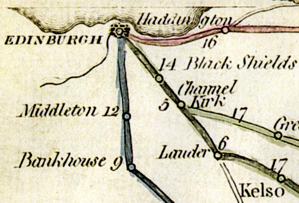 Detail from a map of the Great Post Roads from Edinburgh to London  -  Roads leaving Edinburgh