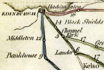 Detail from a map of the Great Post Roads from Edinburgh to London  -  1794  -  Roads leaviing Edinburgh