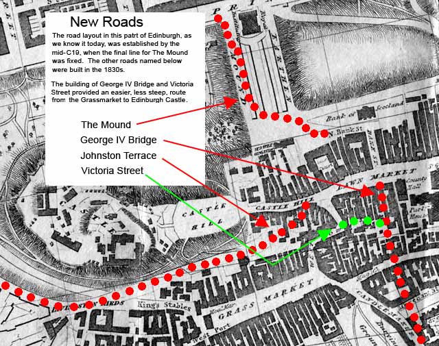 Edinburgh map, 1830 -  zoom-in to the area around Edinburgh Castle -  with new roads shown and key added