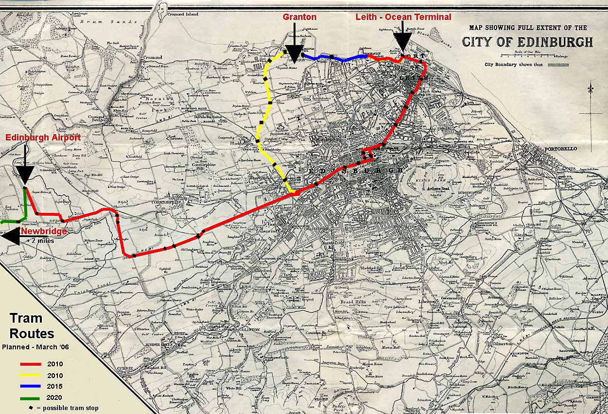 Map by John Bartholomew & Son Ltd.  -  The whole city of Edinburgh, 1925 - showing the proposed tram lines for 2010 onwards, as planned at March 2006.