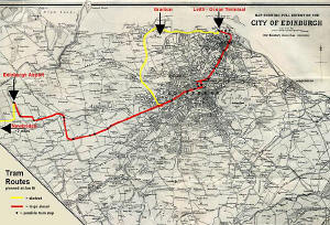 Map by John Bartholomew & Son Ltd.  -  The whole city of Edinburgh, 1925 - showing the proposed tram lines for 2010 onwards, as planned at January 2006.