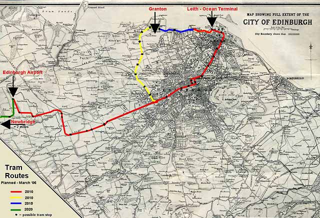 Map by John Bartholomew & Son Ltd.  -  The whole city of Edinburgh, 1925 - showing the proposed tram lines for 2010 onwards, as planned at March 2006.