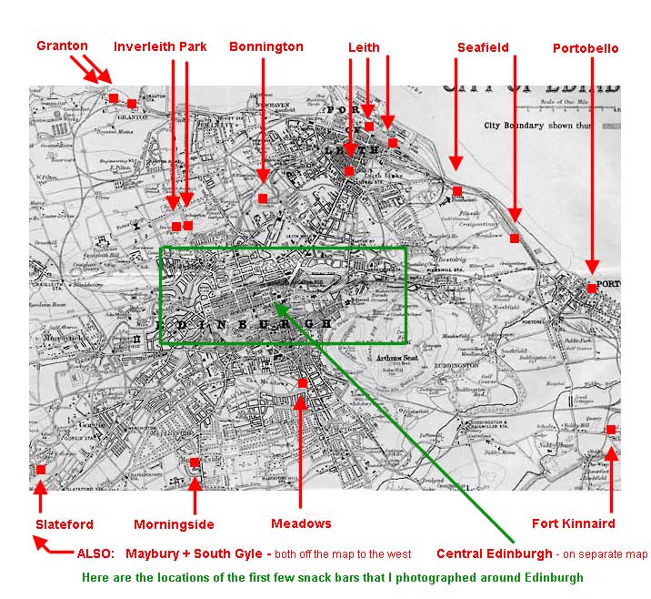 Map showing the locations of some of the snack vans aroundl Edinburgh  -  2002 to 2006