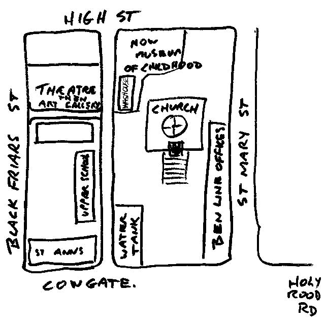 Sketch showing St Ann's School, St Patrick's School, St Patrick's Church and the Water Tank in the Church Grounds