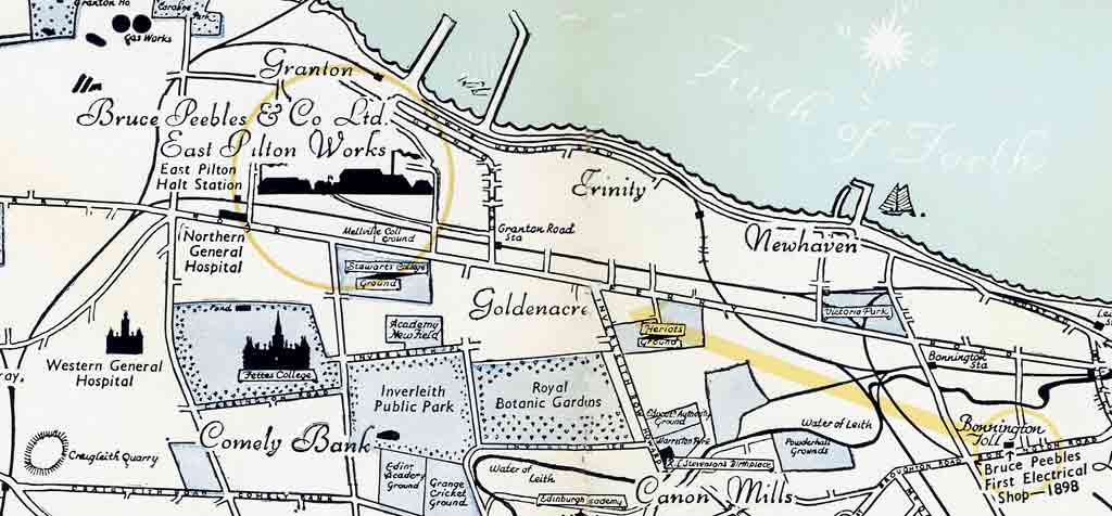 Pictorial Map of Edinburgh -  Zoom in to North Edinburgh, showing Bruce Peebles' works from 1898 until 1954