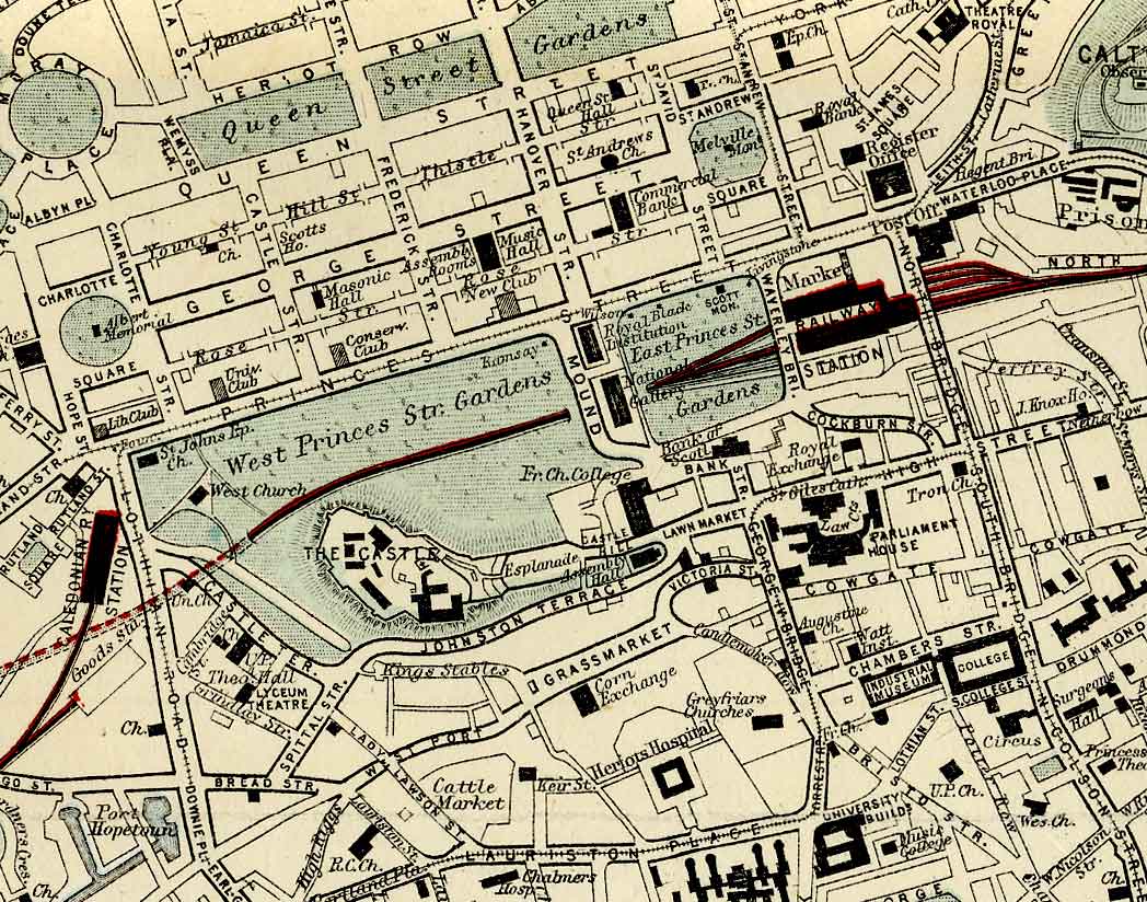 Edinburgh and Leith map of Roads and Railways  -  1884  -  Zoom-in to the City Centre sction of the map