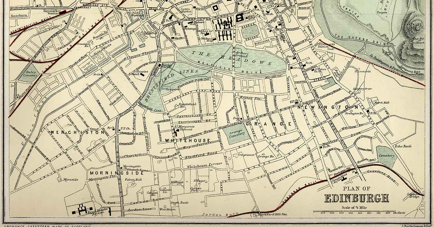 Edinburgh and Leith map of Roads and Railways  -  1884  -  Zoom-in to Southern section of the map