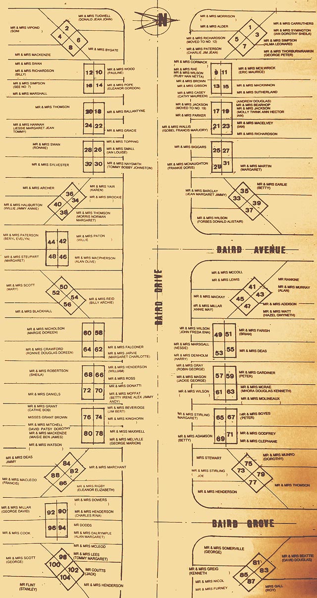 Plan of who lived where at Baird Drive, Murrayfield, Edinburgh - around 1930