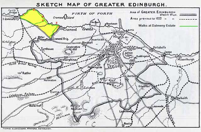 Map of Edinburgh Boundaries before and after 1920 - also showing the Dalmeny Estate