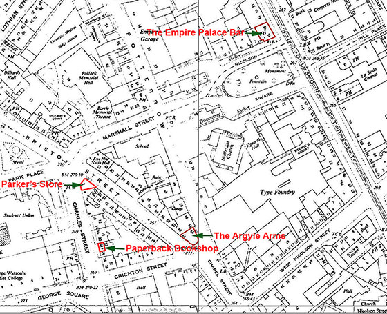 Map of the area around Bristo Street, showing the location of Parker's store