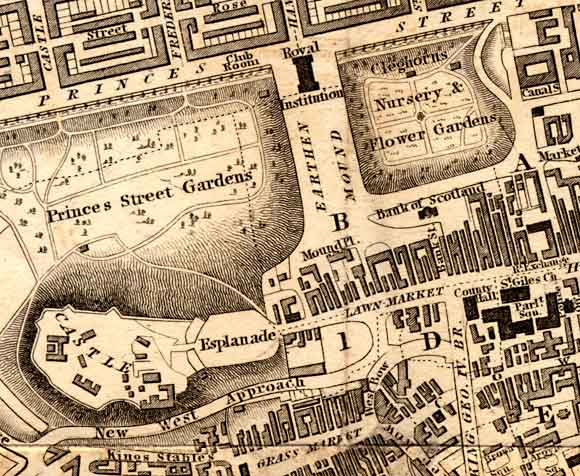 Central Edinburgh  -  The National Galleries and Edinburgh Castle  -  1840 map