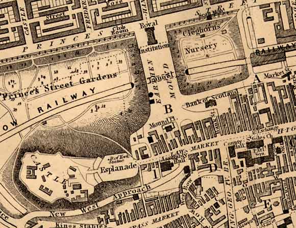 Central Edinburgh  -  The National Galleries and Edinburgh Castle -  1850 map