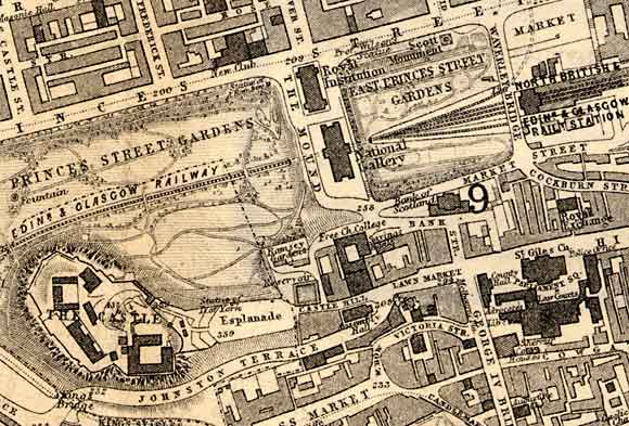 Central Edinburgh  -  Edinburgh Castle and the National Galleries  -  1870 Map