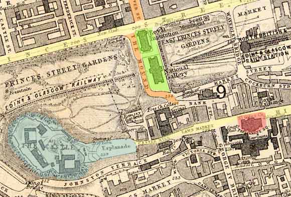 Central Edinburgh  -  Key superimposed on a map of 1870  -  Edinburgh Castle  -  The National Galleries  -  St Giles Church