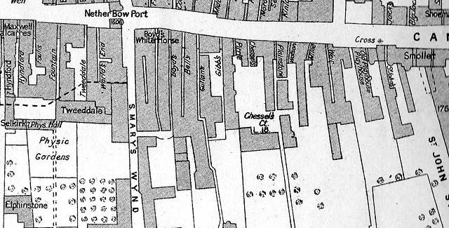 Royal Mile Closes in mid-C18 - Extract from map including Nether Bow Port