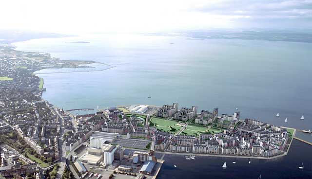 Edinburgh Forthside  -  Aerial View  -  Leith Western Harbour in the foreground.  The Firth of Forth in the background.