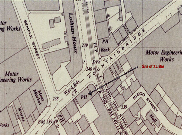 Extract from a 1940s Ordnance Survey map - Fountainbridge, Edinburgh, showing the location of trheXL Bar.