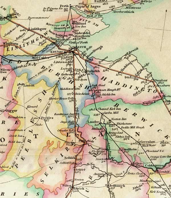 South-East Scotland  -   Map of Roads to Edinburgh with distances to London  - 1806