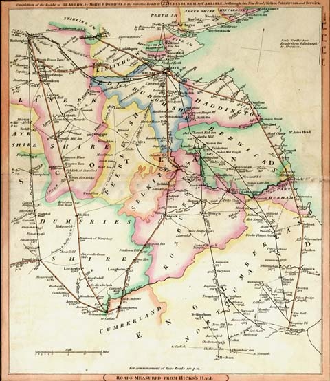 Southern Scotland  -  Roads to Glasgow and Edinburgh with distances to London  -  1806