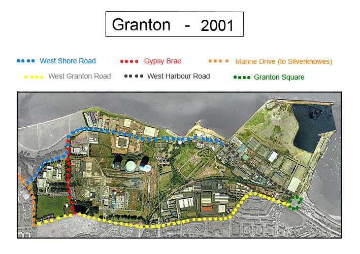 Aerial View  -  2001  -  Map of Edinburgh Waterfront area showing the roads surrounding the area and Gypsy Brae