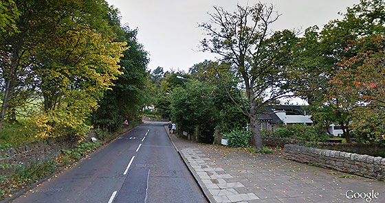 Google Street View looking along Ravelston Dykes Road to the west from near the east end of the road.