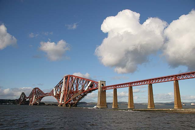 Cloud over the Forth Rail Bridge. A diesel hauled train approaches Dalmeny 