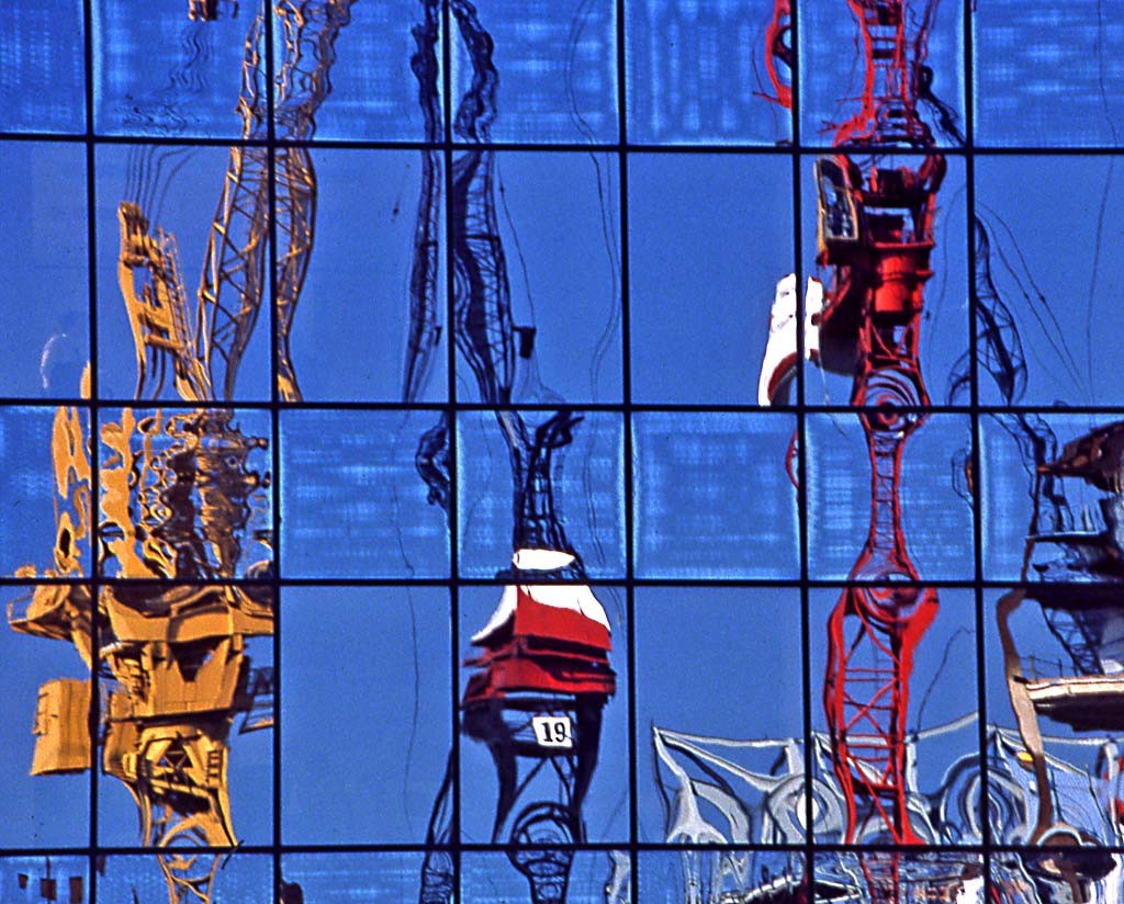 London Docklands  -  Reflections of 3 cranes