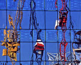 London Docklands  -  Reflections of 3 cranes