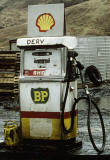 Zoom-in to petrol pump at old BP petrol station in the Scottish Highlands