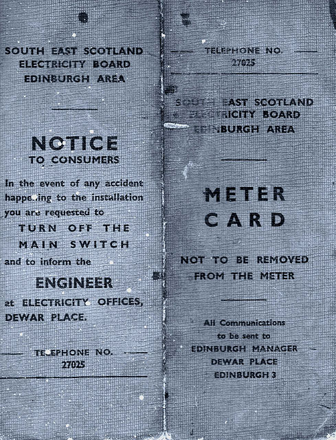The Front of an Electric Meter Reading Card - 1950s