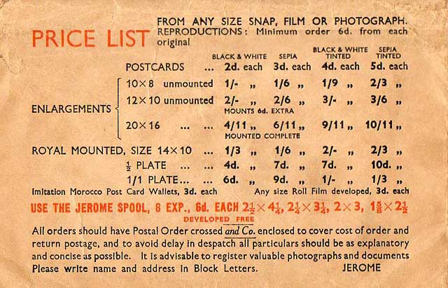 Price list on the back of a Jerome photographic wallet  -  1937