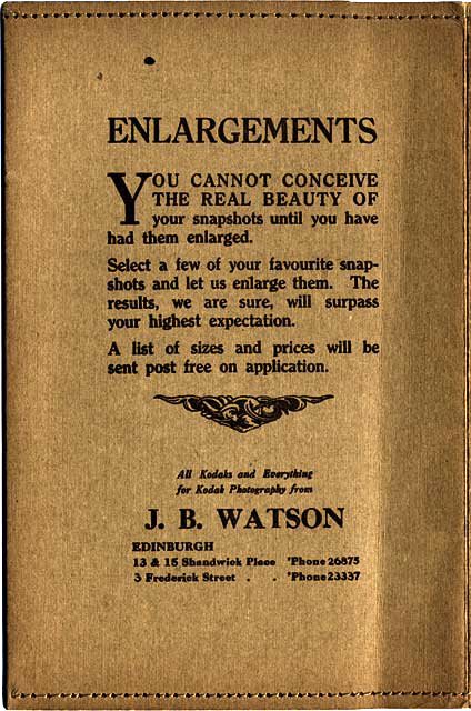 Zoom-in to the back of a J B Watson Developing and Printing wallet, 1929-1931