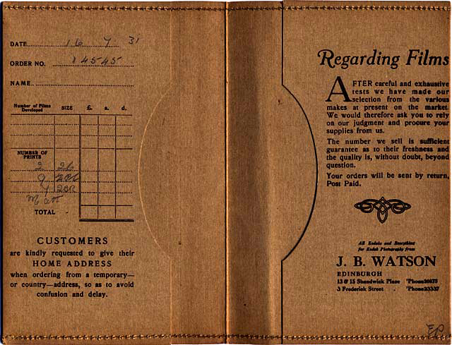 J B Watson - Developing and Printing wallet, 1929 to 1931 - Inside