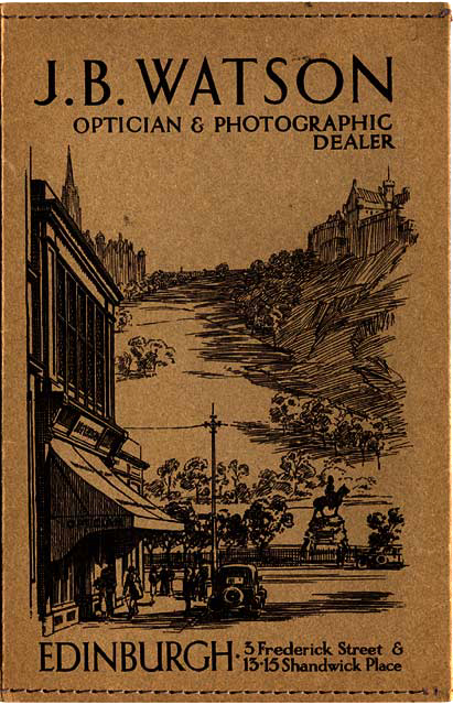 Zoom-in to the front of a J B Watson Developing and Printing wallet, 1934 to 1938