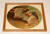 Painting by Tom Curr  -  girl and brown cow  -  probably uses as the basis for tiles on Buttercup Dairy Co shops