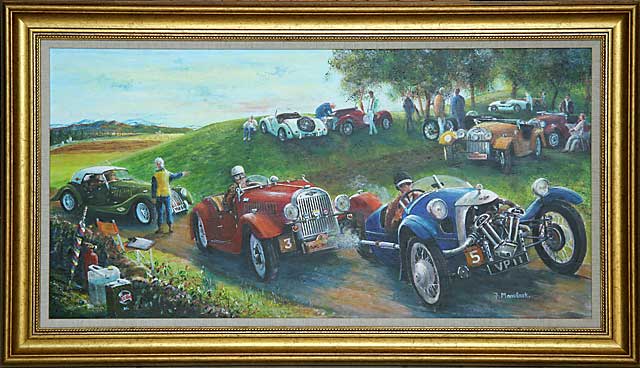 One of a series of paintings of Morgan Cars by 'The Leith Artist', Frank Forsgard Manclark  -  Title: 'Up the Dound Hillclimb'