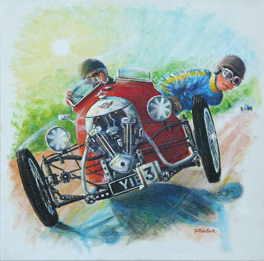 One of a series of paintings of Morgan Cars by 'The Leith Artist', Frank Forsgard Manclark  -  Title: One out of Three