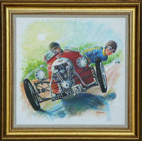 One of a series of paintings of Morgan Cars by 'The Leith Artist', Frank Forsgard Manclark  -  Title: One out of Three