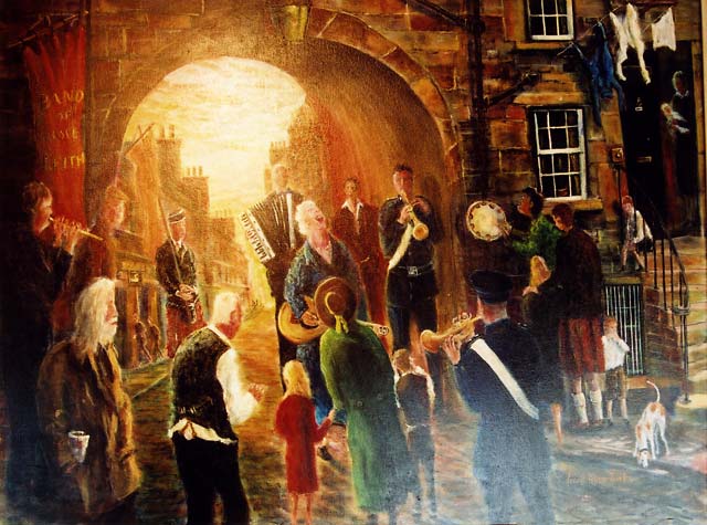 Painting by Frank Forsgard Manclark, 'The Leith Artist'   -   The Leith Chanter at Tolbooth Wynd