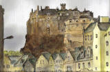 Painting by Mary Raeburn  -  Edinburgh Castle from the foot of Candlemaker Row