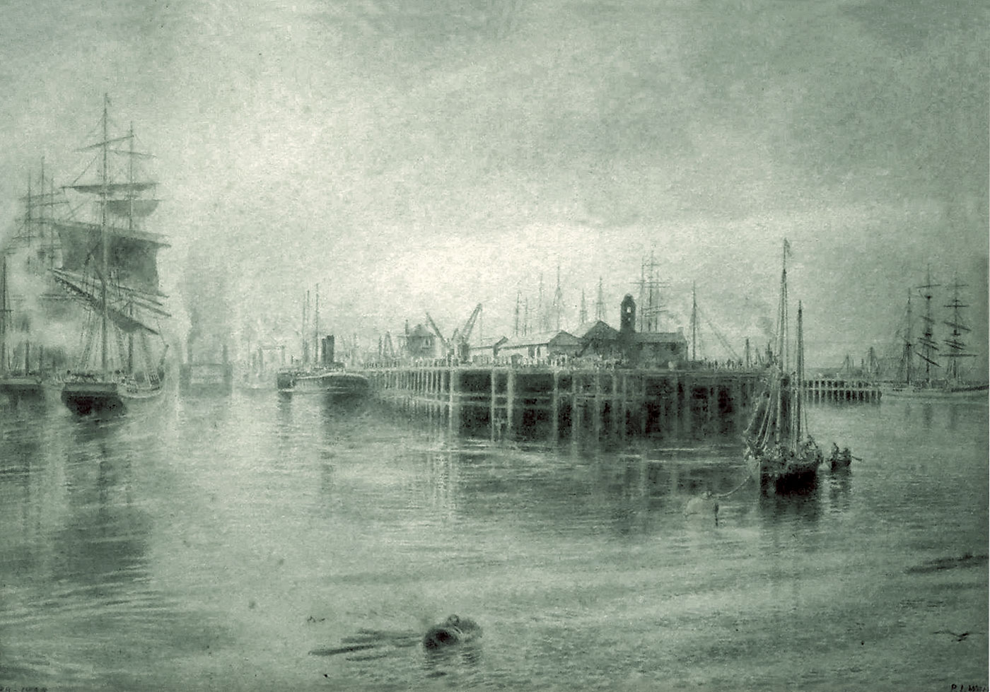 Granton Harbour from Eastern Breakwater  -  1935 Watercolour from an 1888 sketch by Edinburgh artist, Peter Ingram Weir 