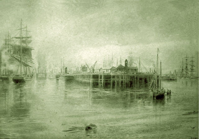 Granton Harbour from Eastern Breakwater - 1935 Watercolour from an 1888 sketch by Edinburgh artist, Peter Ingram Weir