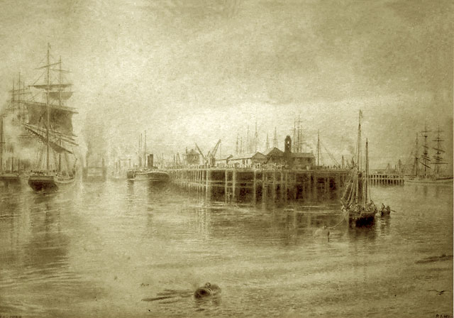 Granton Harbour from Eastern Breakwater - 1935 Watercolour from an 1888 sketch by Edinburgh artist, Peter Ingram Weir