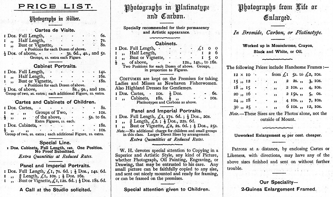 Price List for Edinburgh Photographer, William Halkett