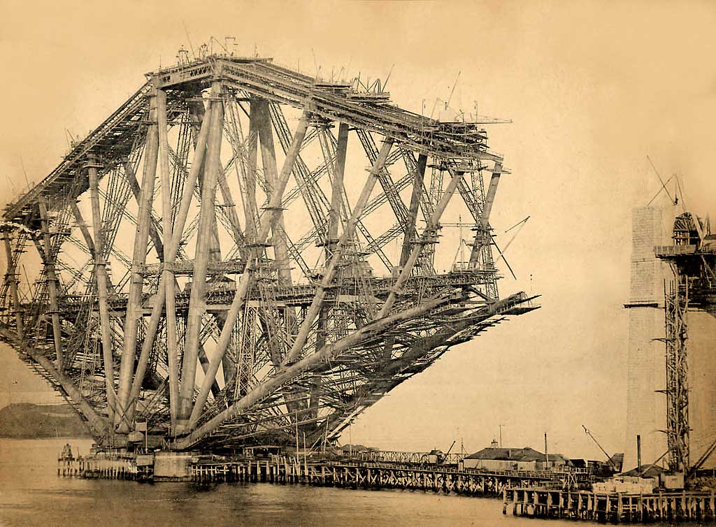 A photograph by A H Rushbrook of the Forth Rail Bridge under construction