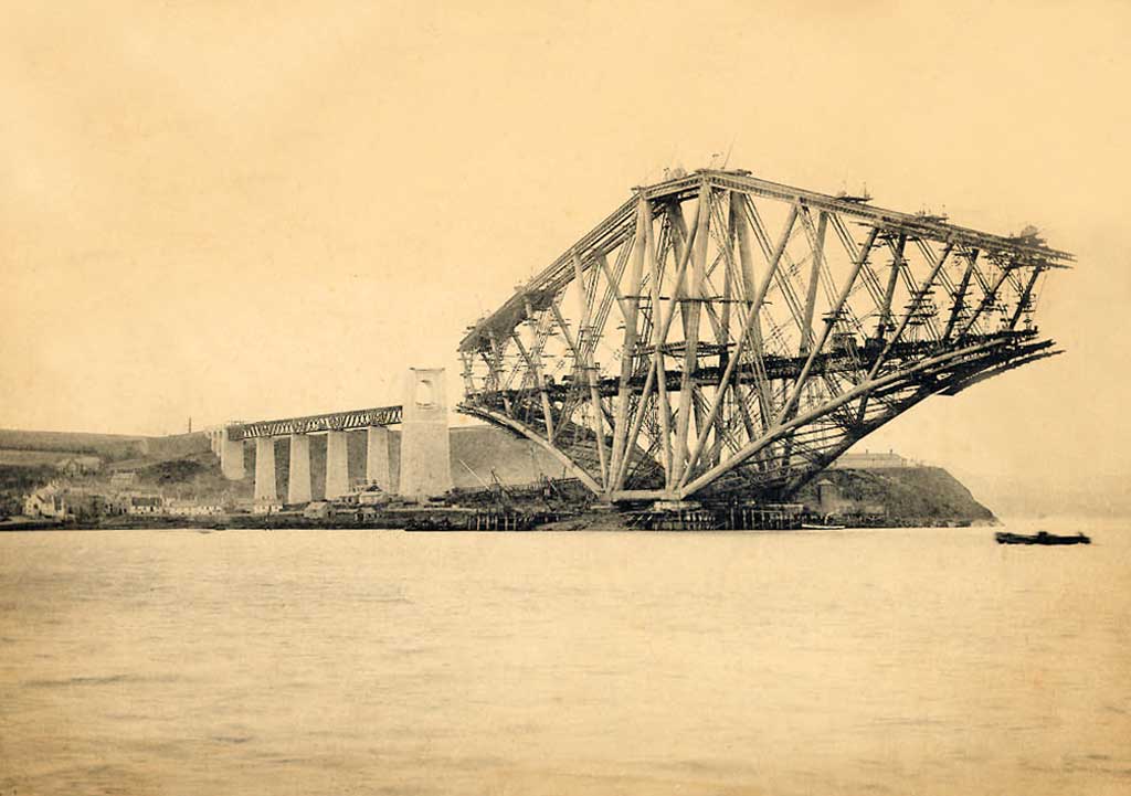 A photograph by A H Rushbrook of the Forth Rail Bridge under construction