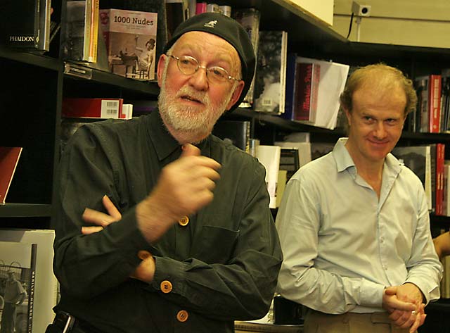 Albert Watson giving a talk on his photography at 'Beyond Words' book shop on the opening day of his exhibition in Edinburgh  -  July 29, 2006  AND   Neil McIlwraith, owner of 'Beyond Words' bookshop
